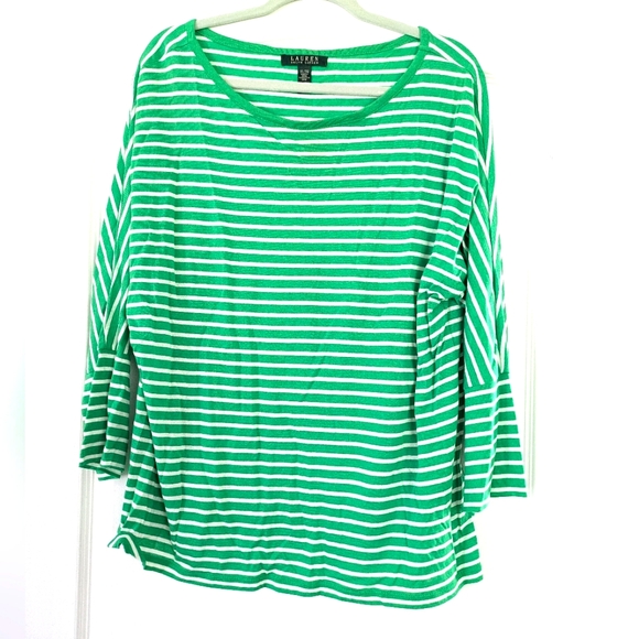 Lauren Ralph Lauren LRL Top White Green Striped Modal Cotton 3/4 Sleeve Tee - Picture 1 of 6